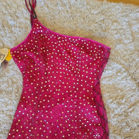 Vintage PANOPLY Pink Sequin One-Shoulder Silk Dress Embellished Sz 6 Y2K Glam - Picture 2 of 15